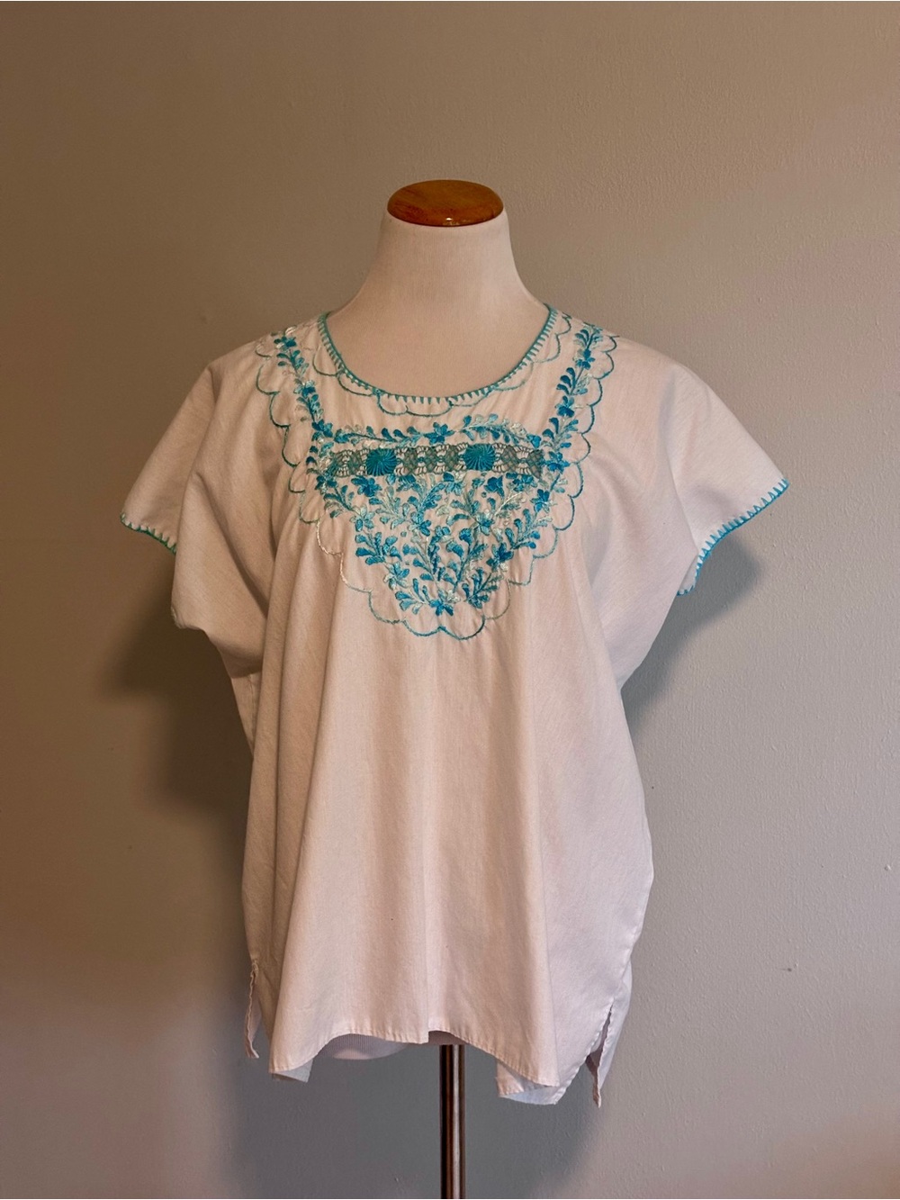 White Women’s Embroidered Peasant Top with Turquoise Detail
